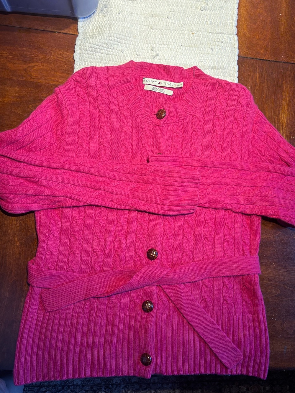 Tommy Hilfiger Pink Cable-Knit Belted Cardigan Sweater merino wool mix